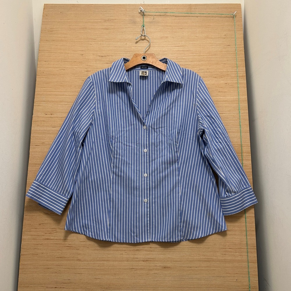 Anne Klein Womens Blue White Striped Non-Iron 3/4 Sleeve Button Down Shirt L